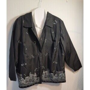 Black Embroidered Cityscape Shirt Jacket Pink Beaded Detail Artsy Chic 2X